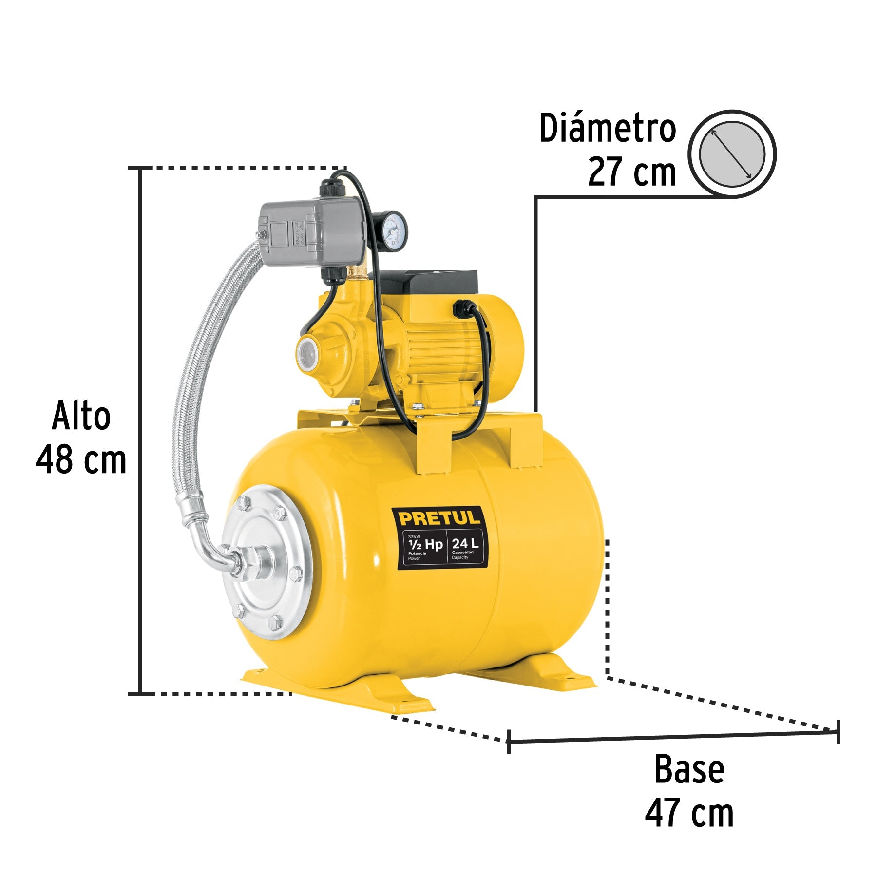 Equipo hidroneumático 24L, bomba periférica 1/2 HP, PRETUL | HIDR-1/2X24P | 20183