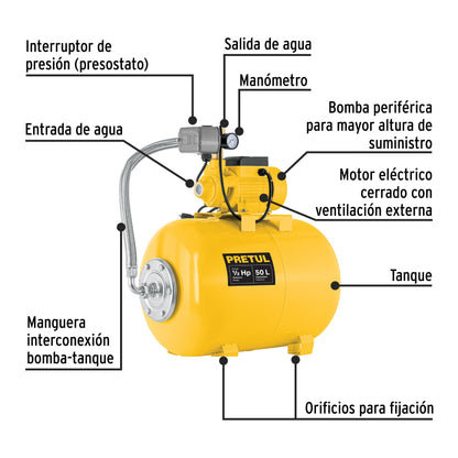 Equipo hidroneumático 50L, bomba periférica 1/2 HP, PRETUL | HIDR-1/2X50P | 20184
