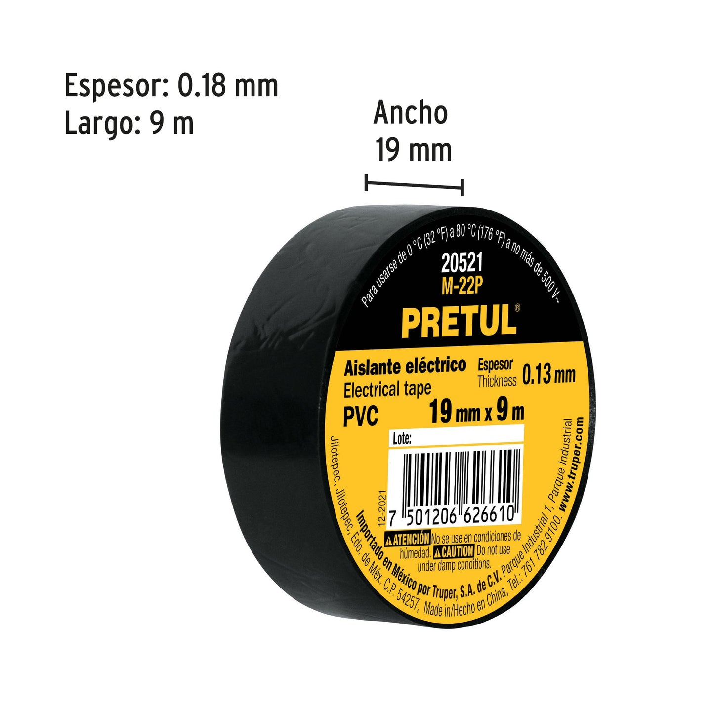 Cinta de aislar de 9 m x 19 mm, negra, Pretul | M-22P | 20521