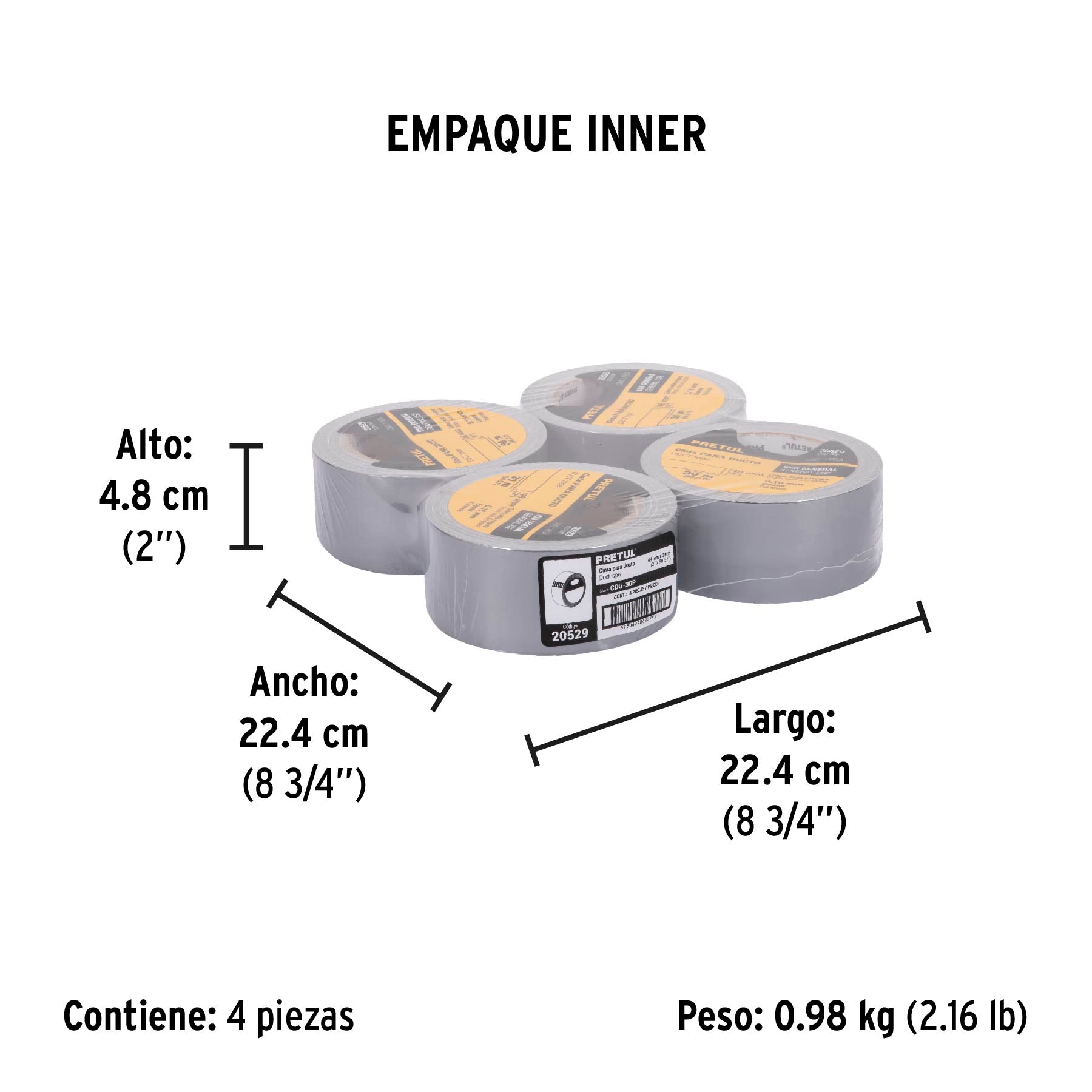 Cinta para ducto 30m x 48mm, espesor 0.16mm, Pretul | CDU-30P | 20529