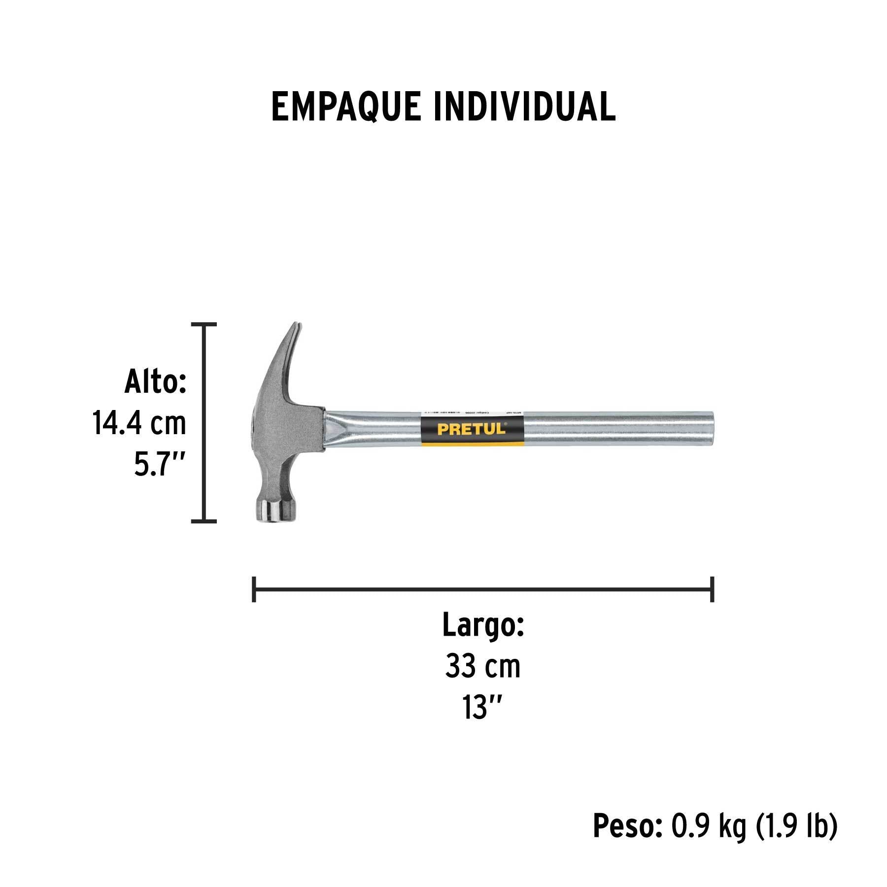 Martillo uña recta 16 oz, mango tubular, Pretul | MTR-16P | 20596
