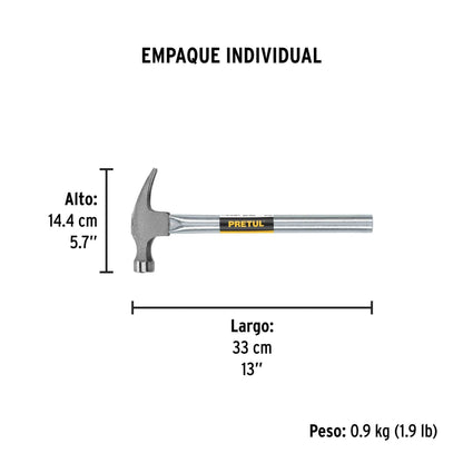 Martillo uña recta 16 oz, mango tubular, Pretul | MTR-16P | 20596