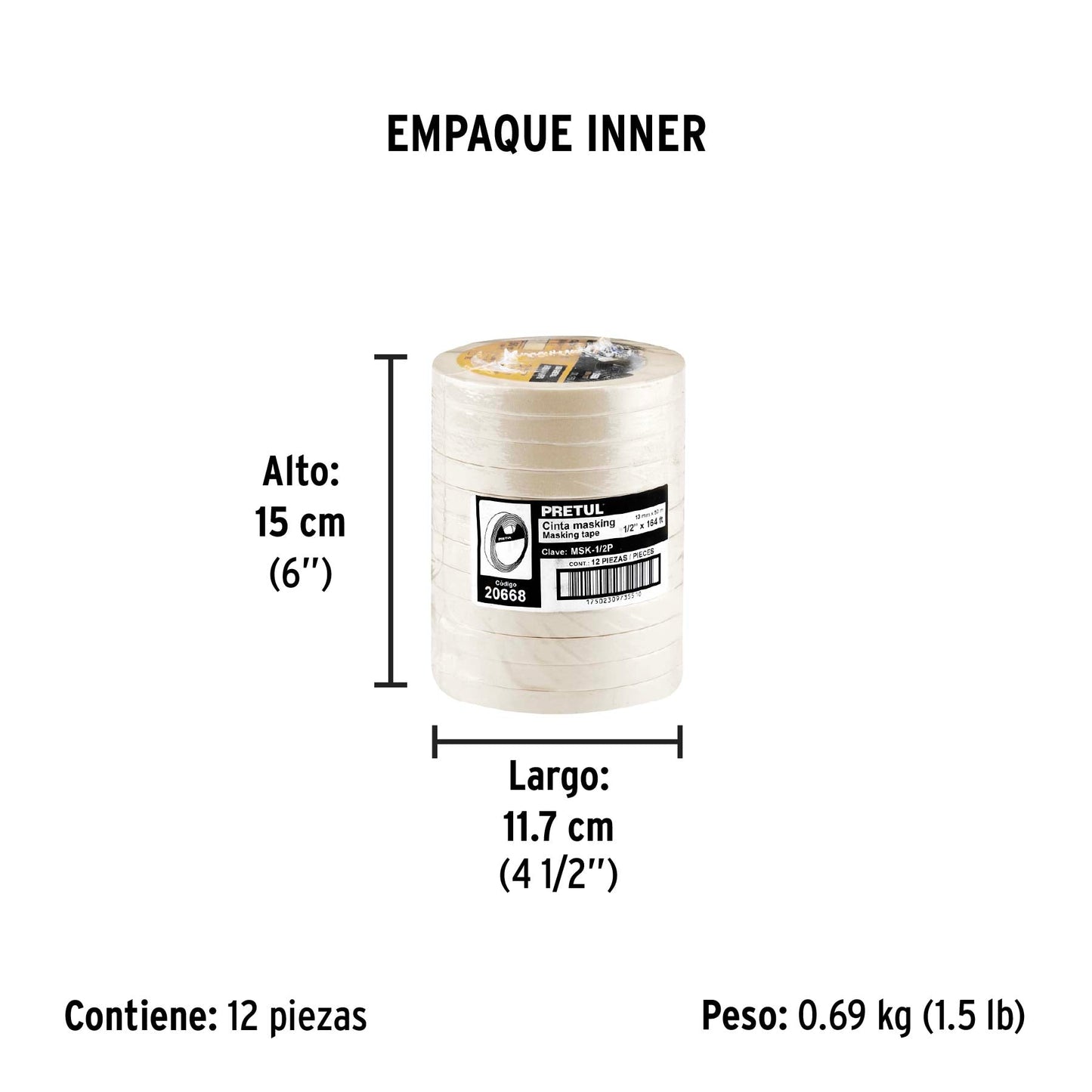 Cinta masking tape de 1/2' x 50 m, Pretul | MSK-1/2P | 20668