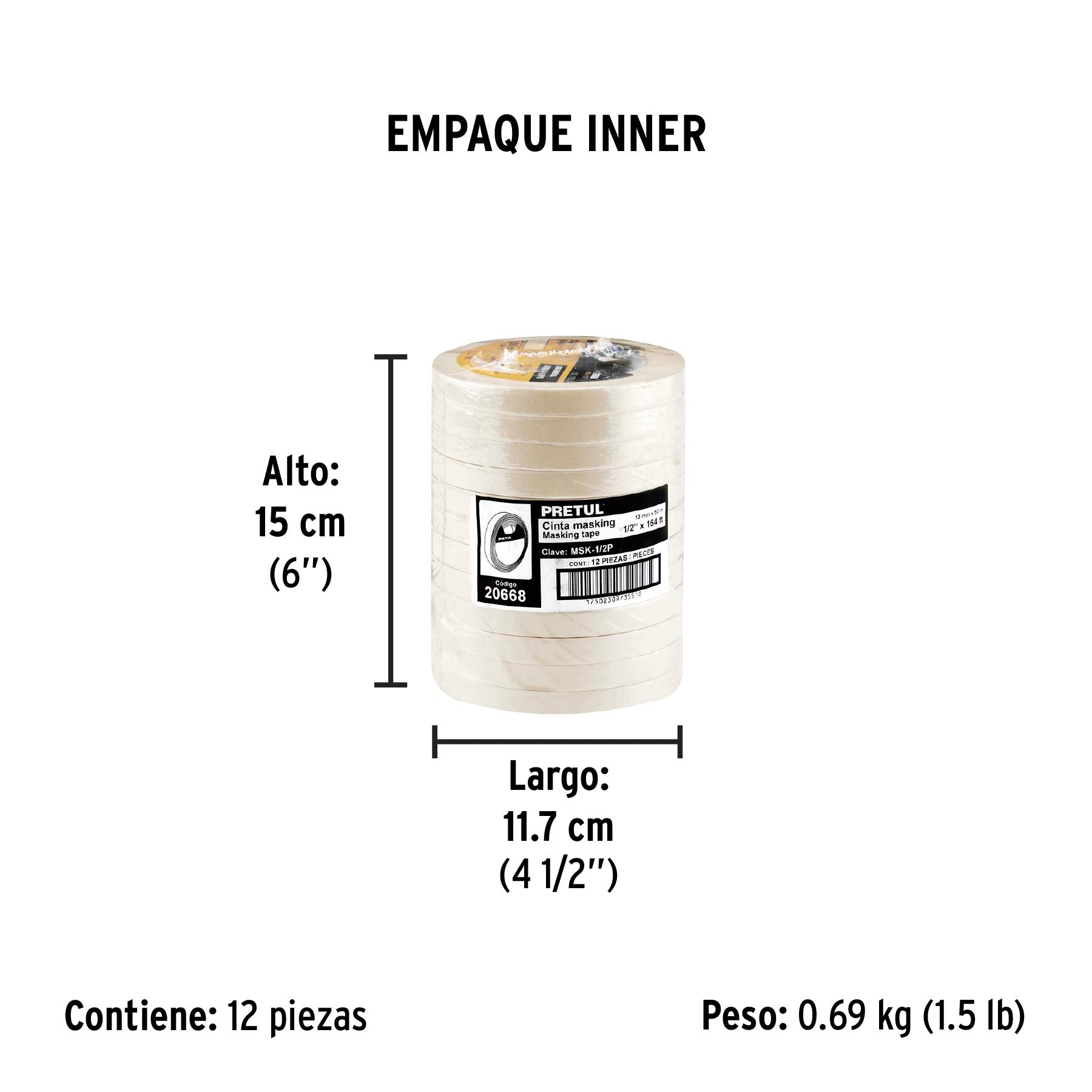 Cinta masking tape de 1/2' x 50 m, Pretul | MSK-1/2P | 20668