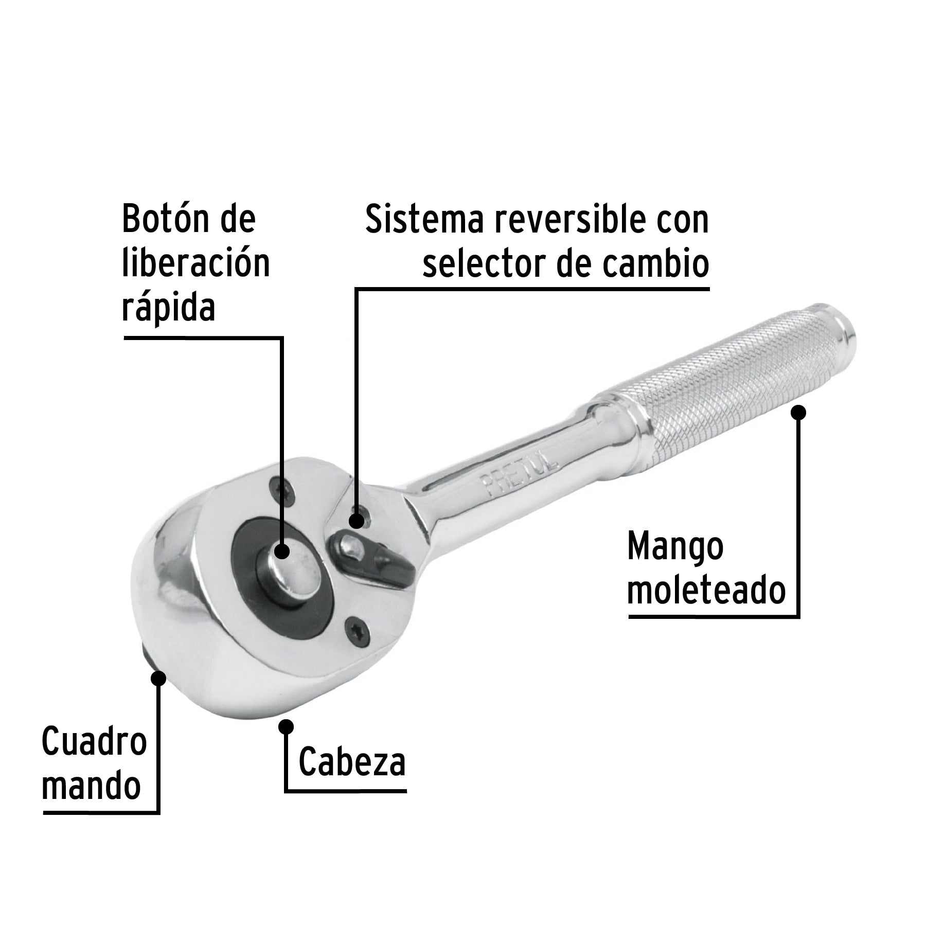 Matraca cuadro 3/8' cabeza de pera liberación rápida, Pretul | M-3852PB | 21161