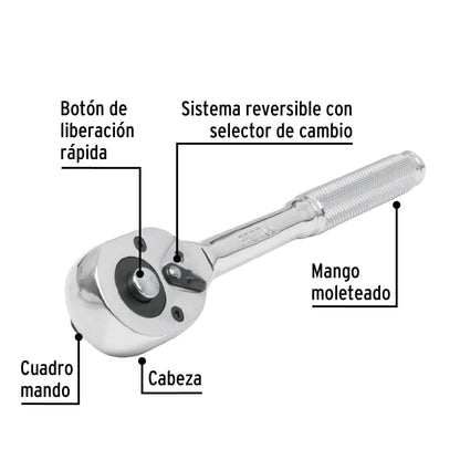 Matraca cuadro 3/8' cabeza de pera liberación rápida, Pretul | M-3852PB | 21161