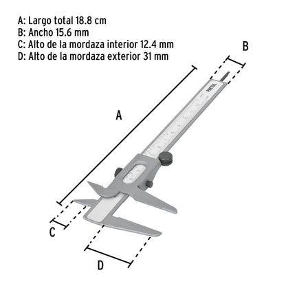 Calibrador vernier escolar 5', acero, std y mm, PRETUL | VER-6P | 21454