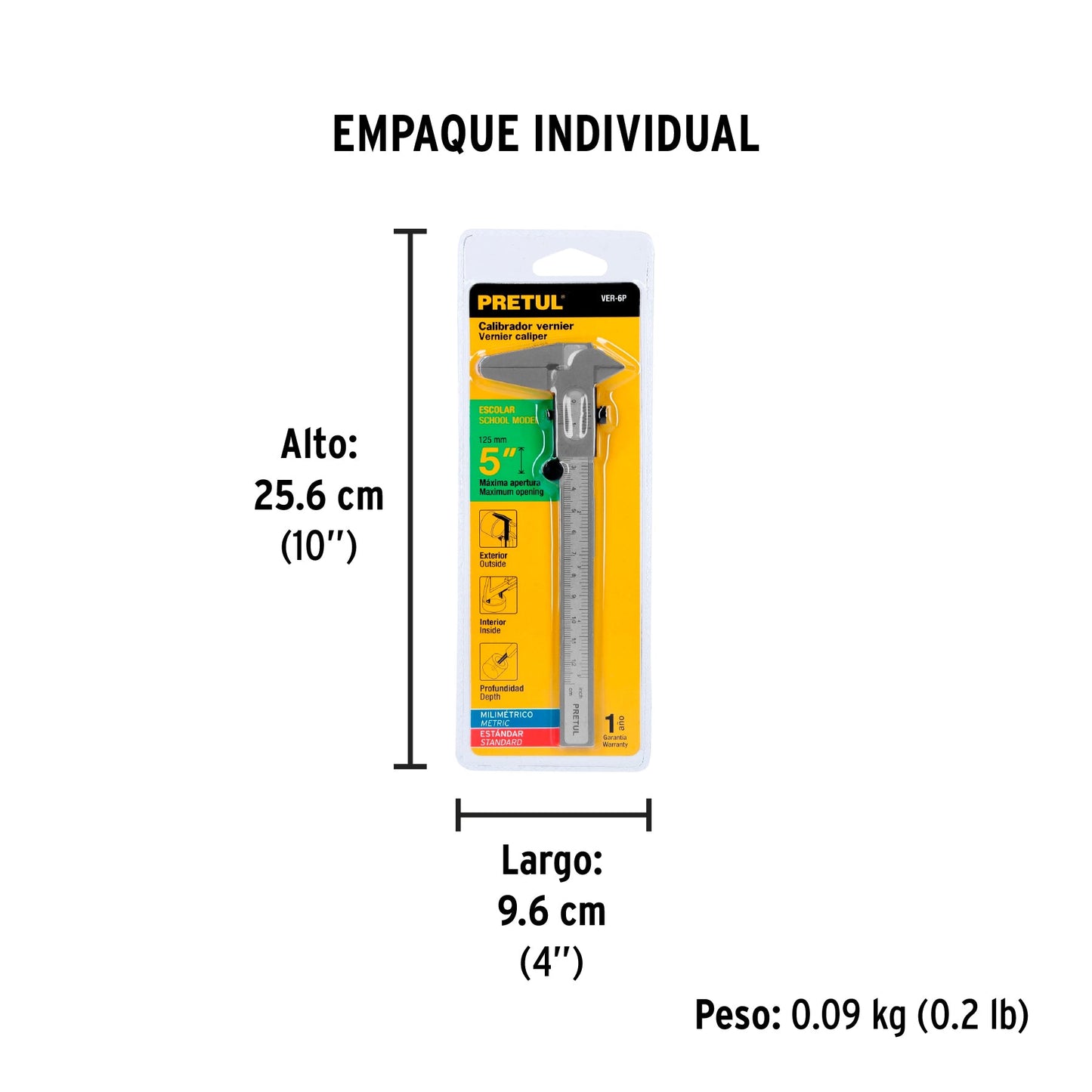 Calibrador vernier escolar 5', acero, std y mm, PRETUL | VER-6P | 21454