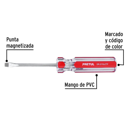 Desarmador plano 3/16 x 3' mango de PVC, Pretul | DR-3/16X3TP | 21456