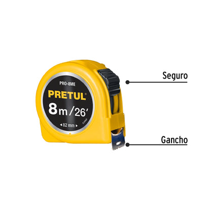 Flexómetro amarillo 8 m cinta 25 mm, en tarjeta, PRETUL | PRO-8ME | 21603