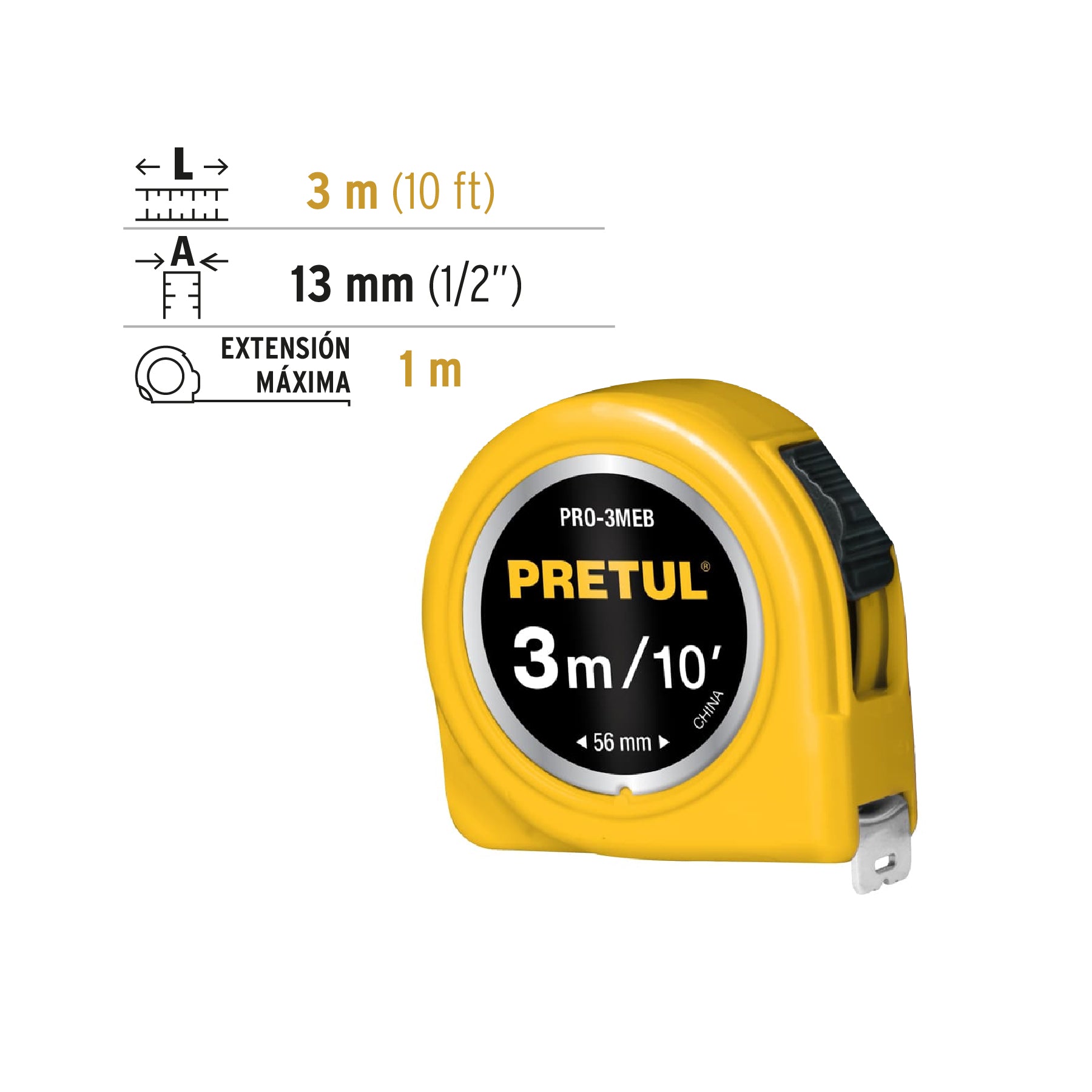 Flexómetro amarillo 3 m cinta 13 mm, en tarjeta, PRETUL | PRO-3MEB | 21605