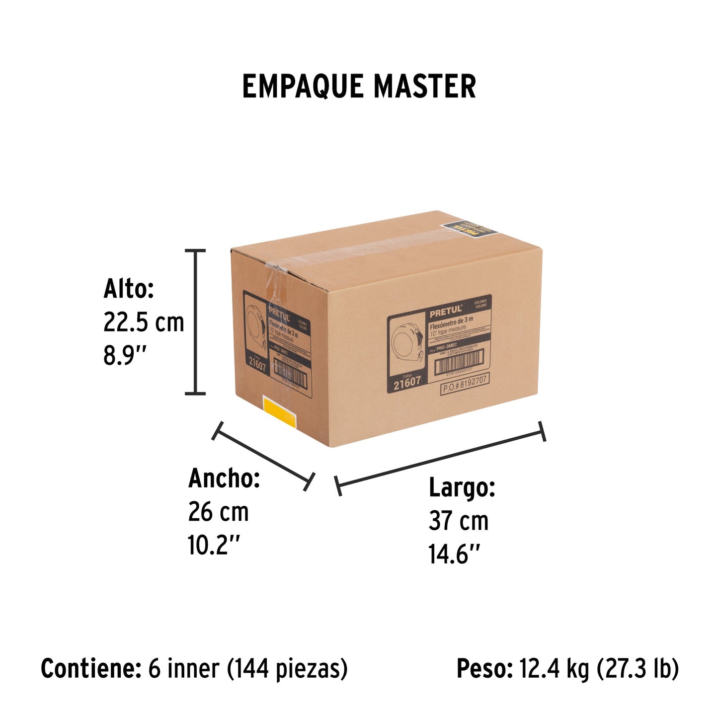 Flexómetro 3 m cinta 13 mm, display box con 24 pzas, PRETUL | PRO-3MEC | 21607