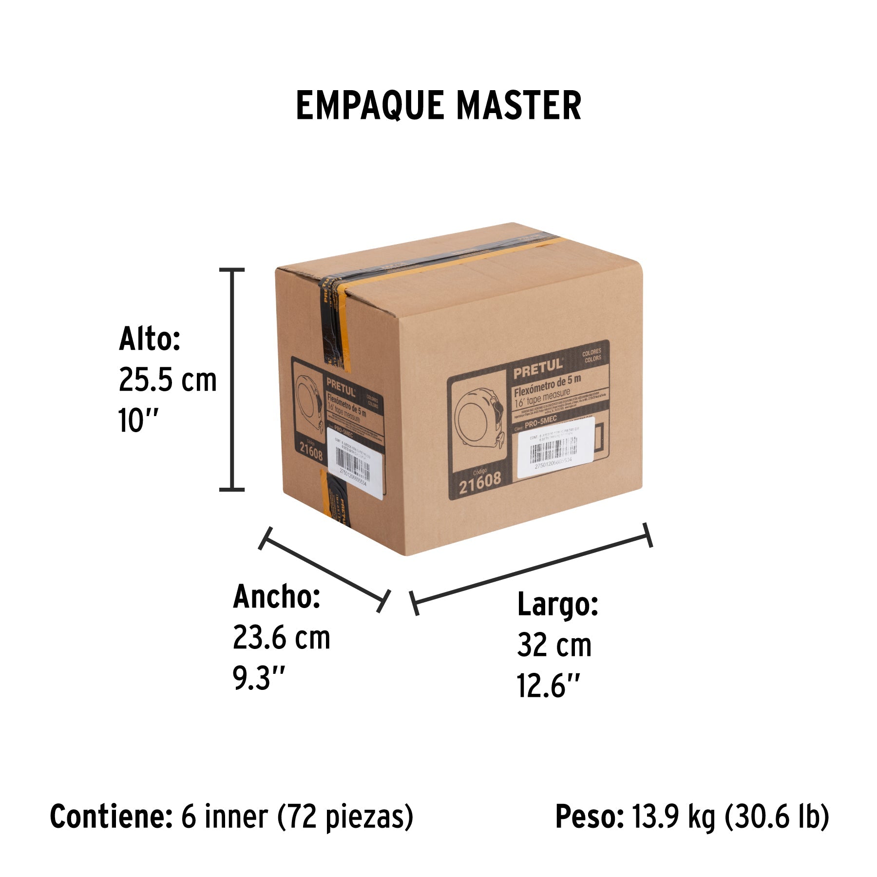 Flexómetro 5 m cinta 19 mm, display box con 12 pzas, PRETUL | PRO-5MEC | 21608