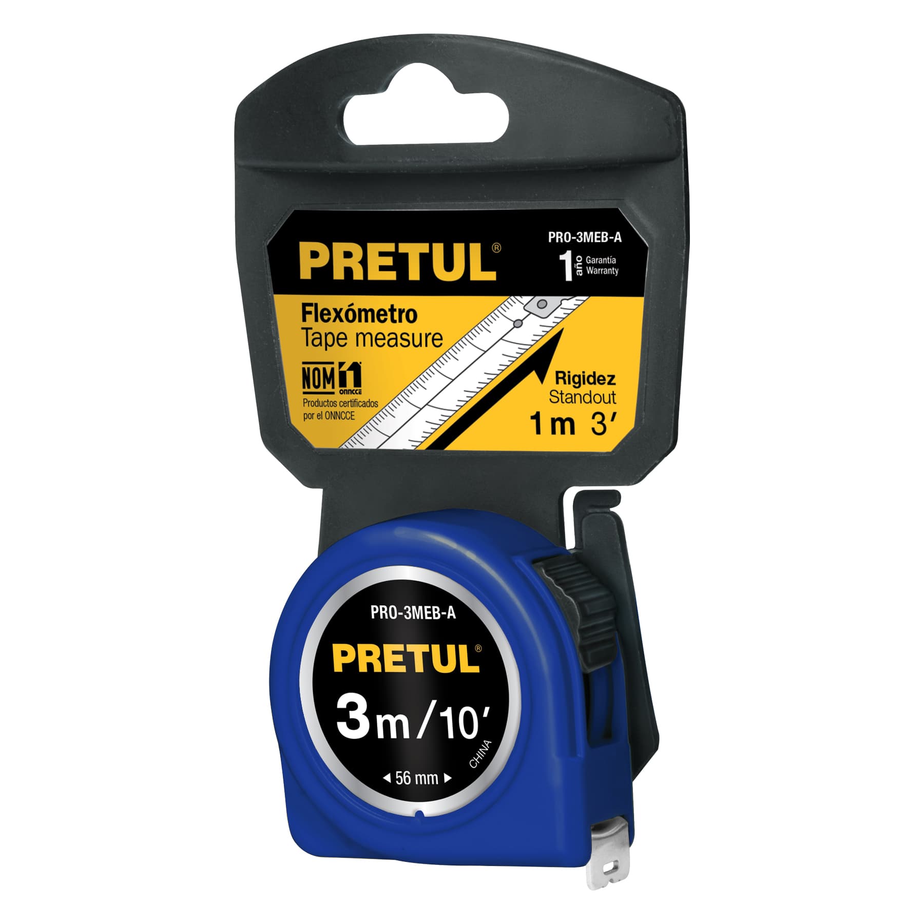 Flexómetro azul 3 m cinta 13 mm, en tarjeta, PRETUL | PRO-3MEB-A | 21609