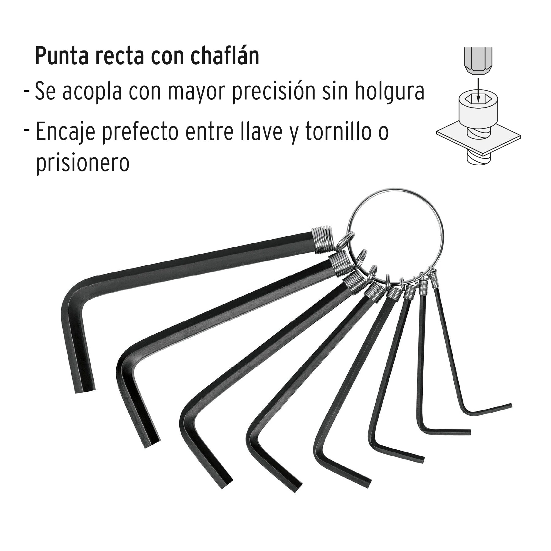 Juego de 8 llaves allen mm tipo llavero, punta hex, PRETUL | ALL-P8M | 21851