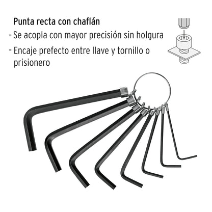 Juego de 8 llaves allen mm tipo llavero, punta hex, PRETUL | ALL-P8M | 21851
