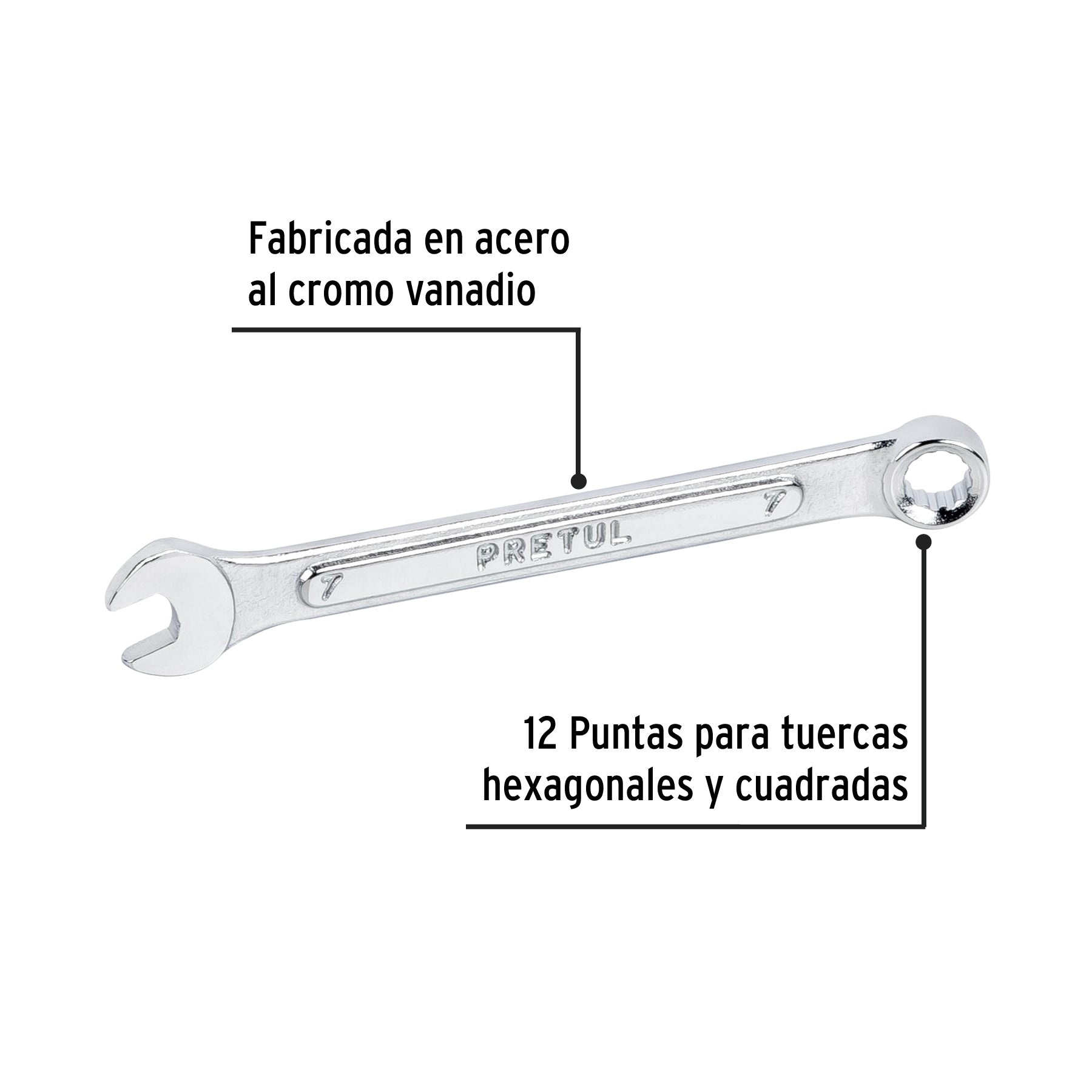 Llave combinada 7 mm x 110 mm de largo, Pretul | LL-2007MP | 21901