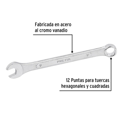 Llave combinada 9 mm x 130 mm de largo, Pretul | LL-2009MP | 21903