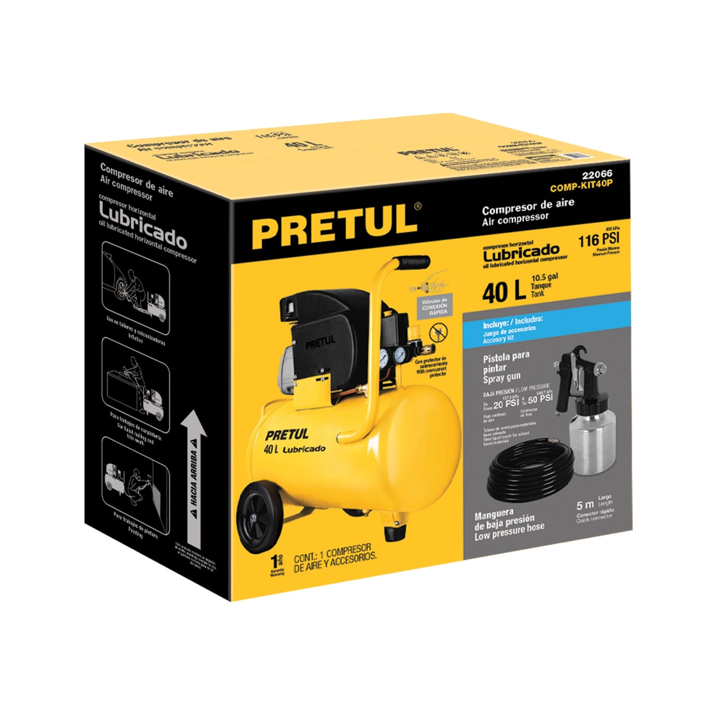 Kit Compresor lub, 40L, manguera y pistola baja,127V, PRETUL | COMP-KIT40P | 22066