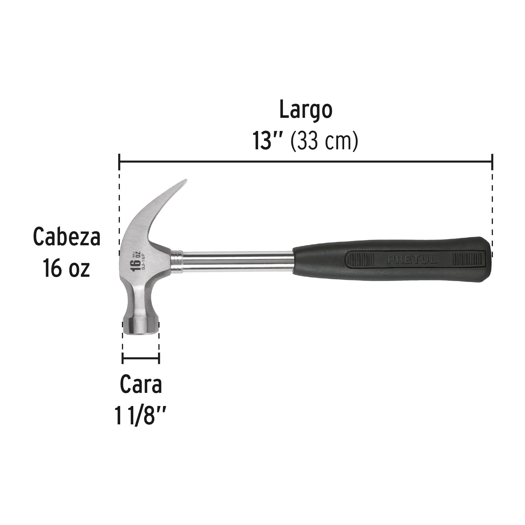 Martillo pulido, 16 oz, uña curva, mango tubular, Pretul | SJ-16P | 22270