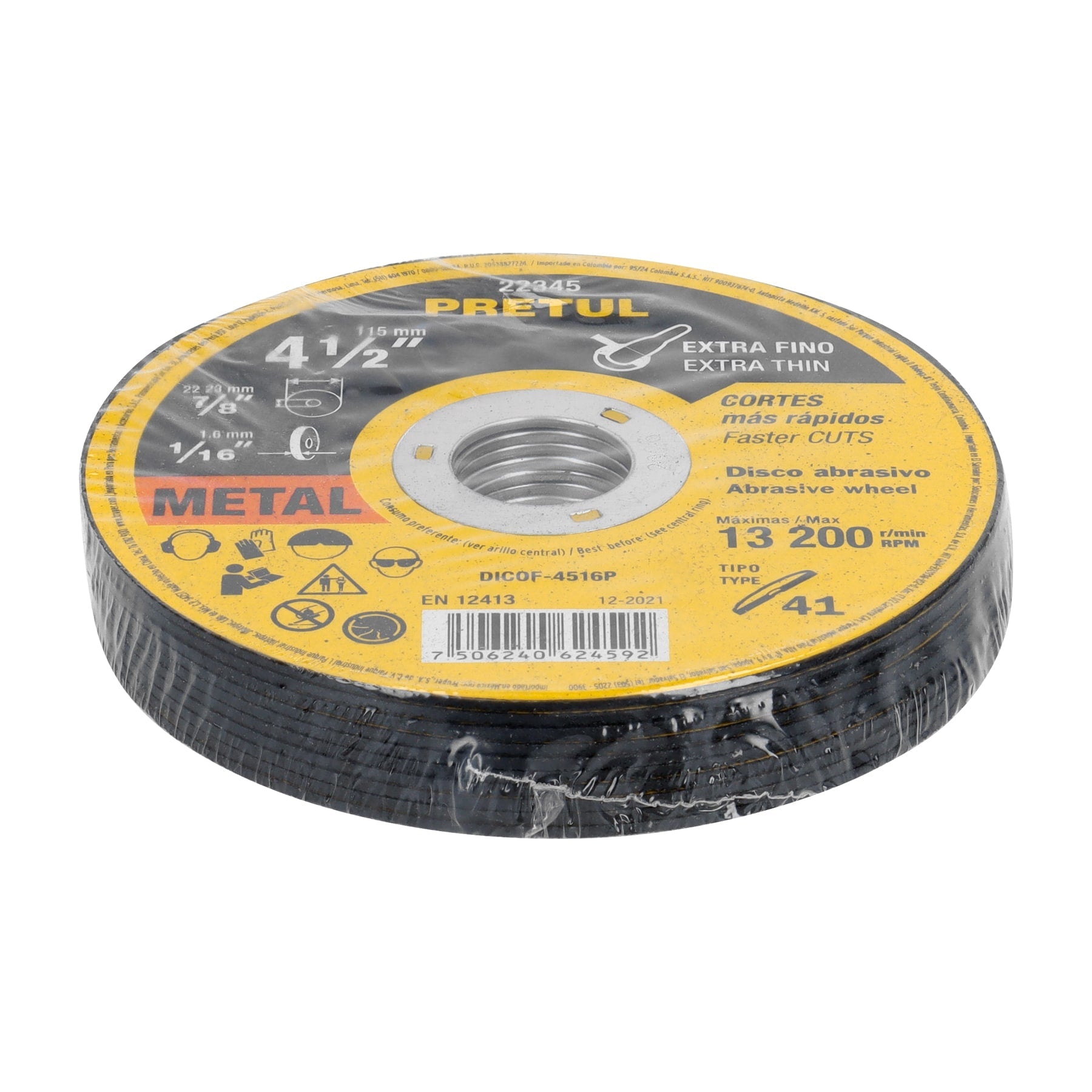 Disco Tipo 41 de 4-1/2' x 1.6 mm corte fino de metal, Pretul | DICOF-4516P | 22345