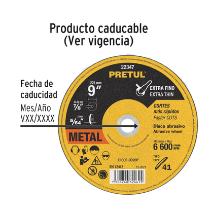 Disco Tipo 41 de 9' x 2 mm corte fino de metal, Pretul | DICOF-9020P | 22347