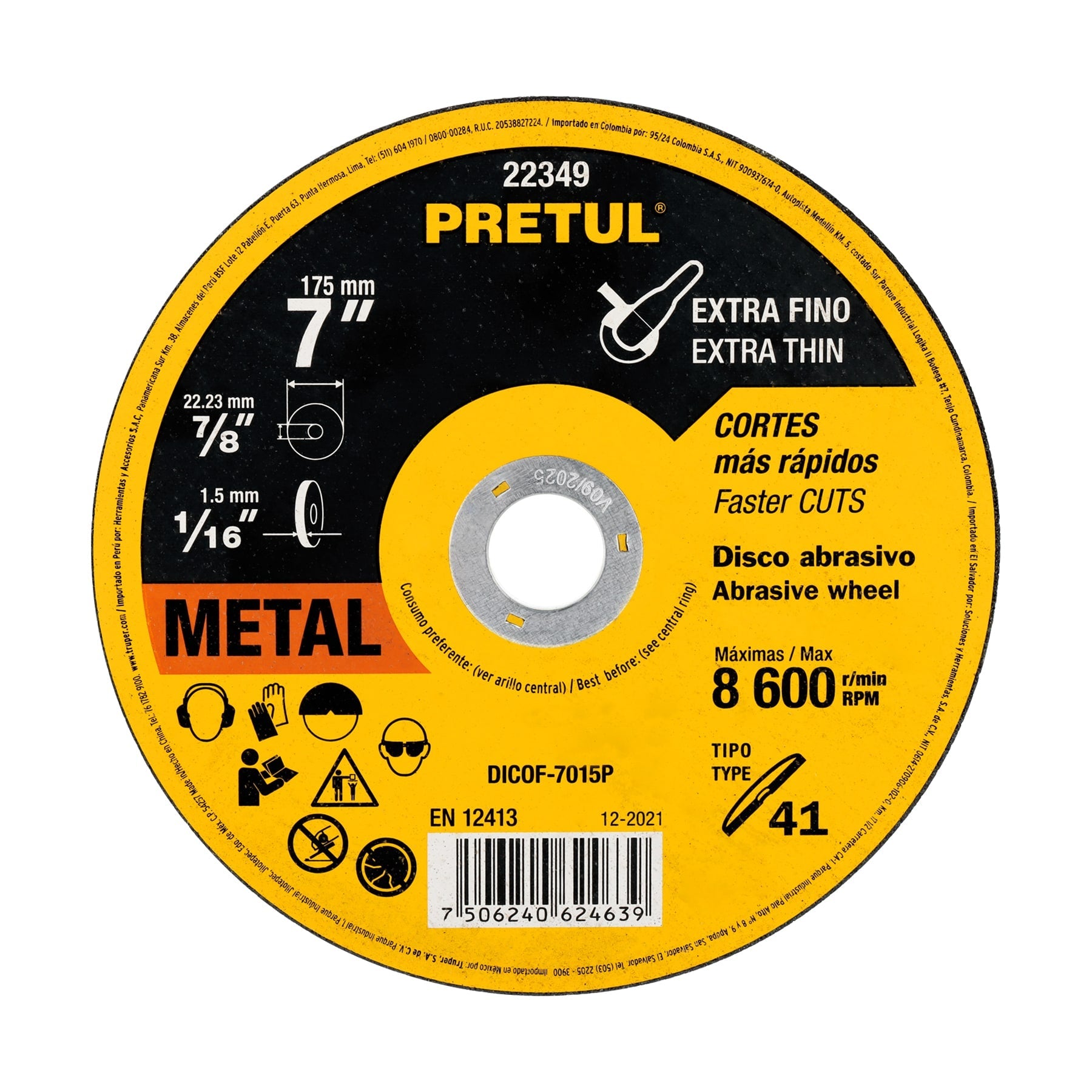 Disco Tipo 41 de 7' x 1.5 mm corte fino de metal, Pretul | DICOF-7015P | 22349