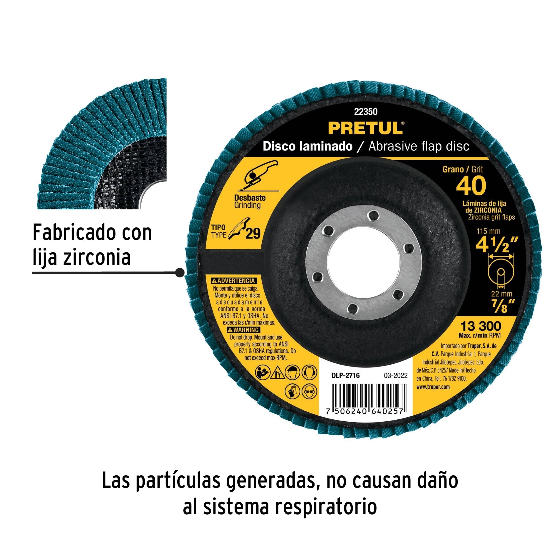 Disco laminado 4-1/2', grano 40 centro 7/8', fibra, PRETUL | DLP-2716 | 22350