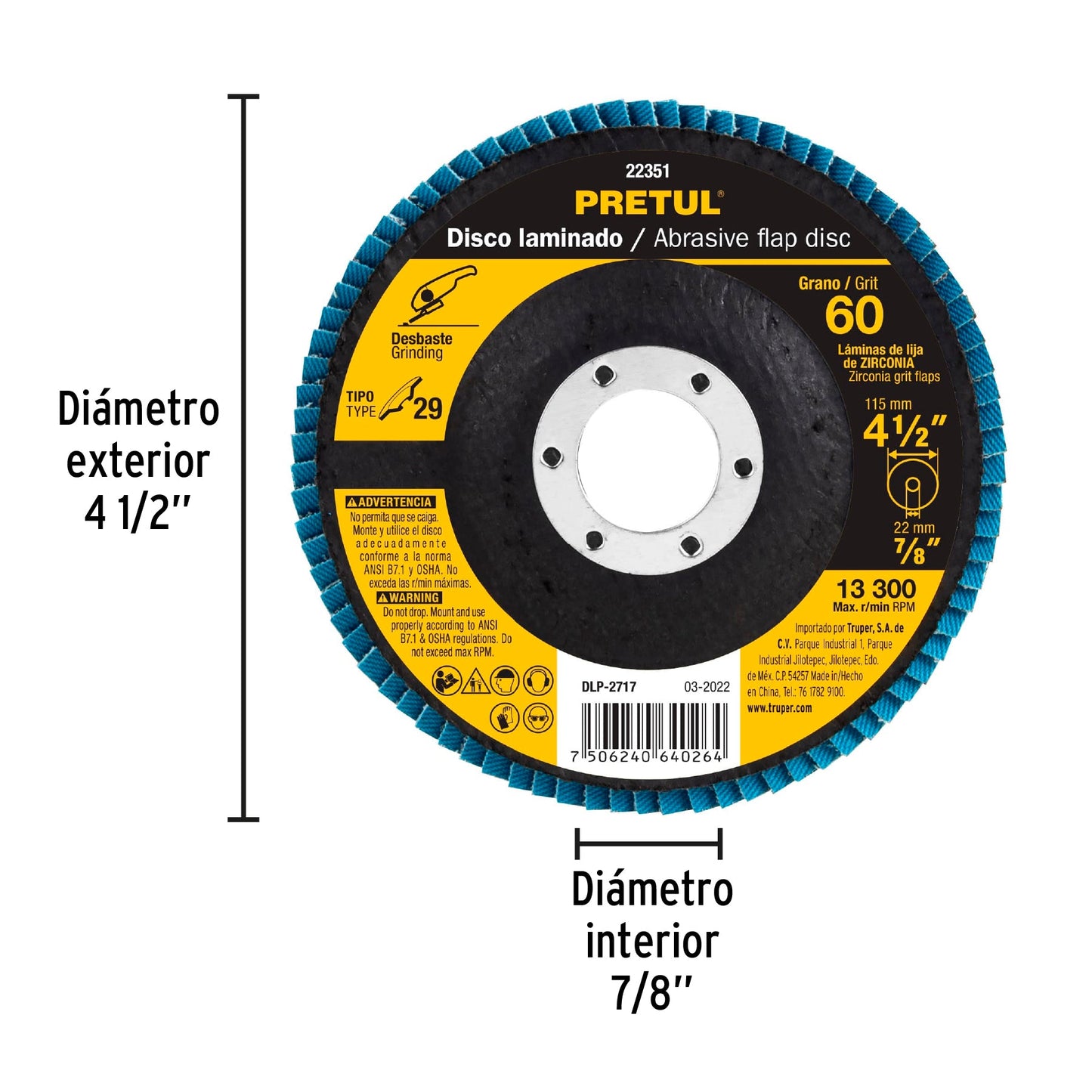 Disco laminado 4-1/2', grano 60 centro 7/8', fibra, PRETUL | DLP-2717 | 22351