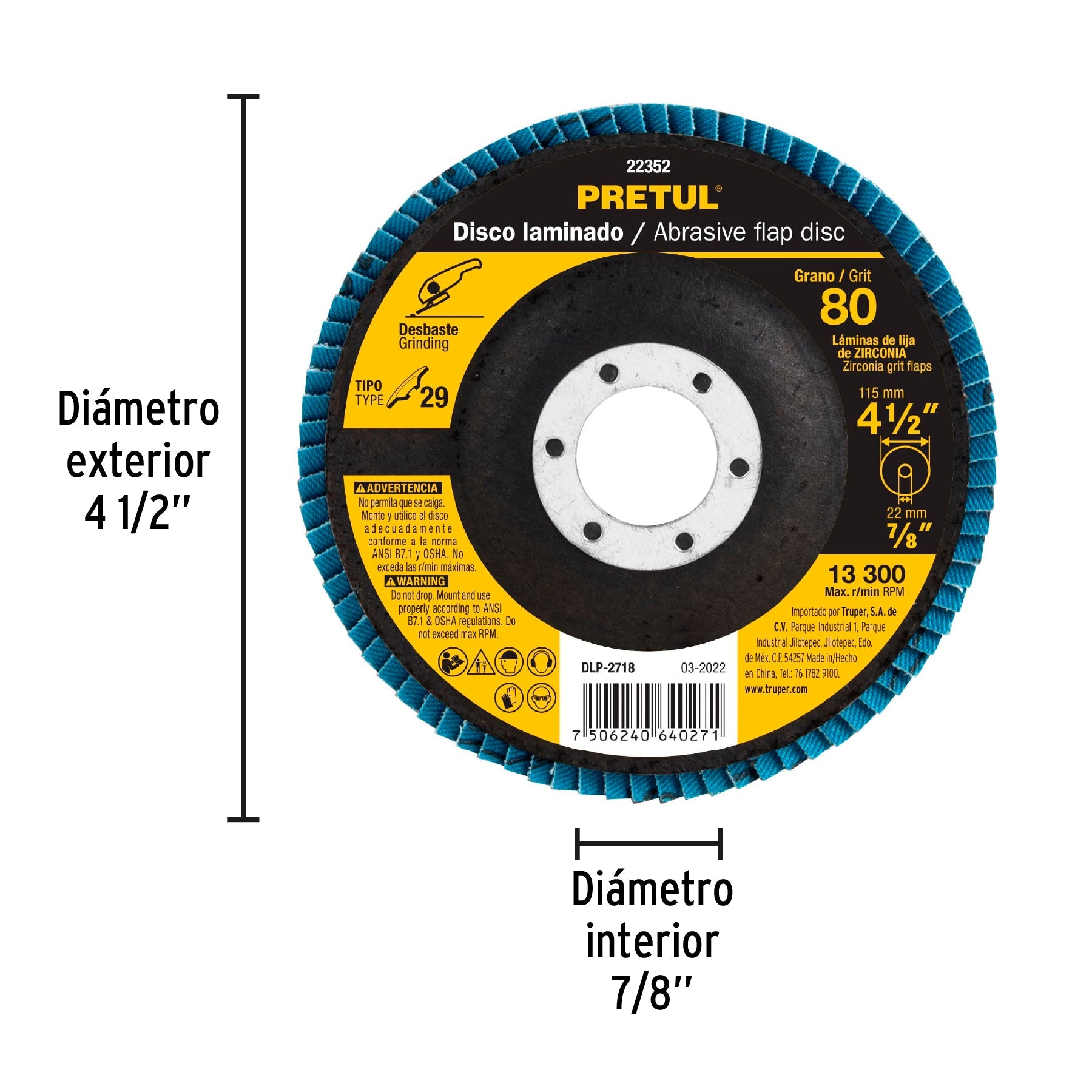 Disco laminado 4-1/2', grano 80 centro 7/8', fibra, PRETUL | DLP-2718 | 22352