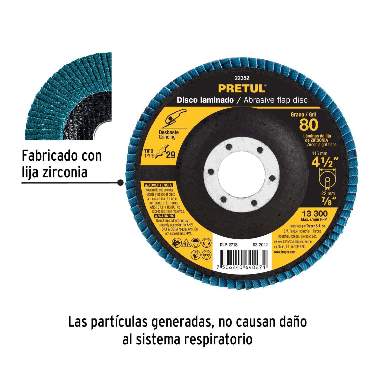 Disco laminado 4-1/2', grano 80 centro 7/8', fibra, PRETUL | DLP-2718 | 22352