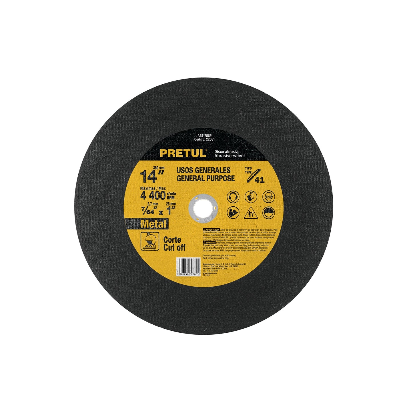 Disco Tipo 41 de 14' x 3.1 mm para corte de metal, PRETUL | ABT-758P | 22561
