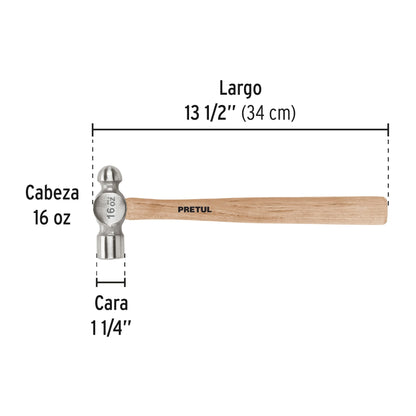 Martillo pulido de bola 16 oz mango madera, Pretul | MB-16P | 22658