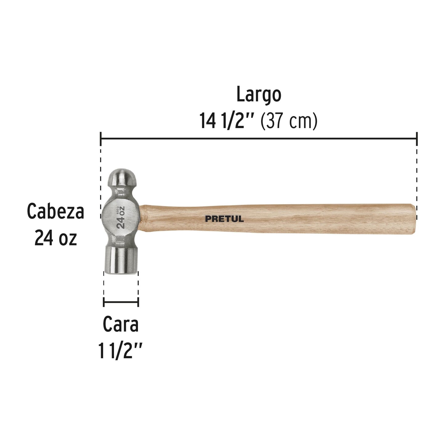 Martillo pulido de bola 24 oz mango madera, Pretul | MB-24P | 22659