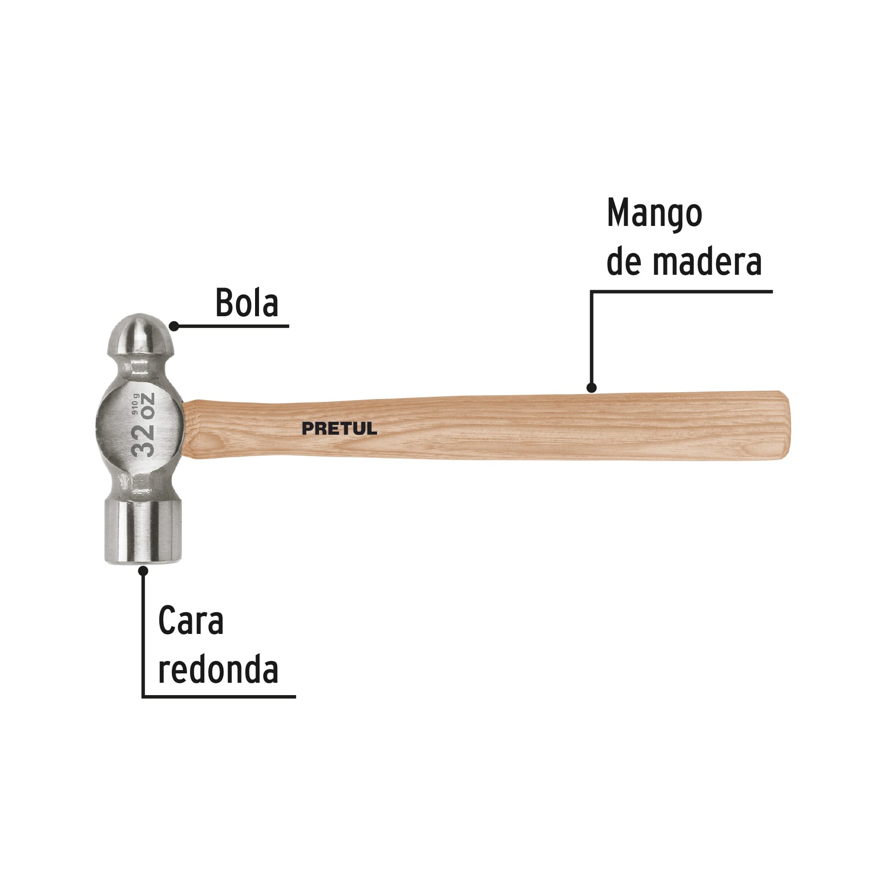 Martillo pulido de bola 32 oz mango madera, Pretul | MB-32P | 22660