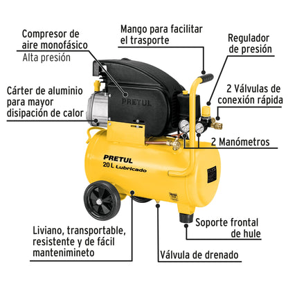 Kit Compresor lub, 20L, manguera y pistola grav,127V, PRETUL | COMP-KIT20P3 | 24079