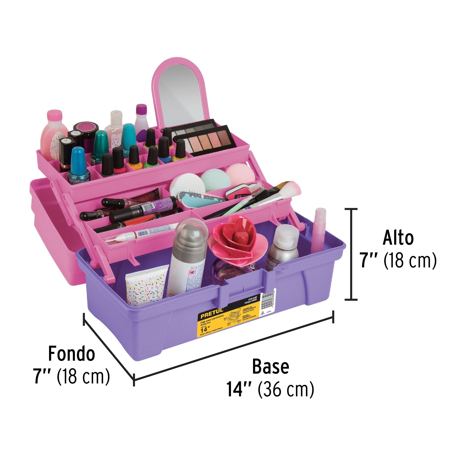 Caja cosmetiquera 14', doble bandeja, rosa, PRETUL | CCO-14RP | 25052