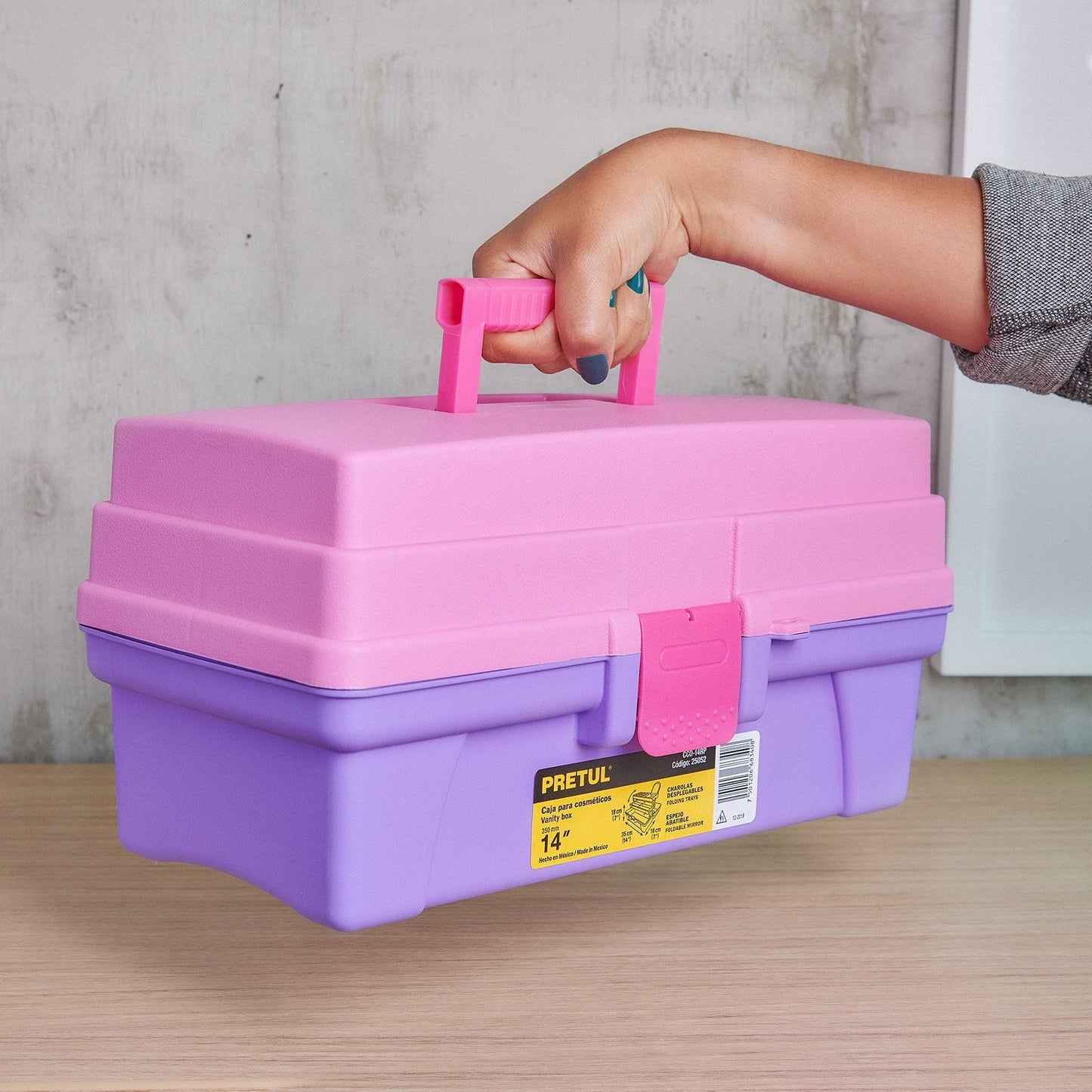 Caja cosmetiquera 14', doble bandeja, rosa, PRETUL | CCO-14RP | 25052