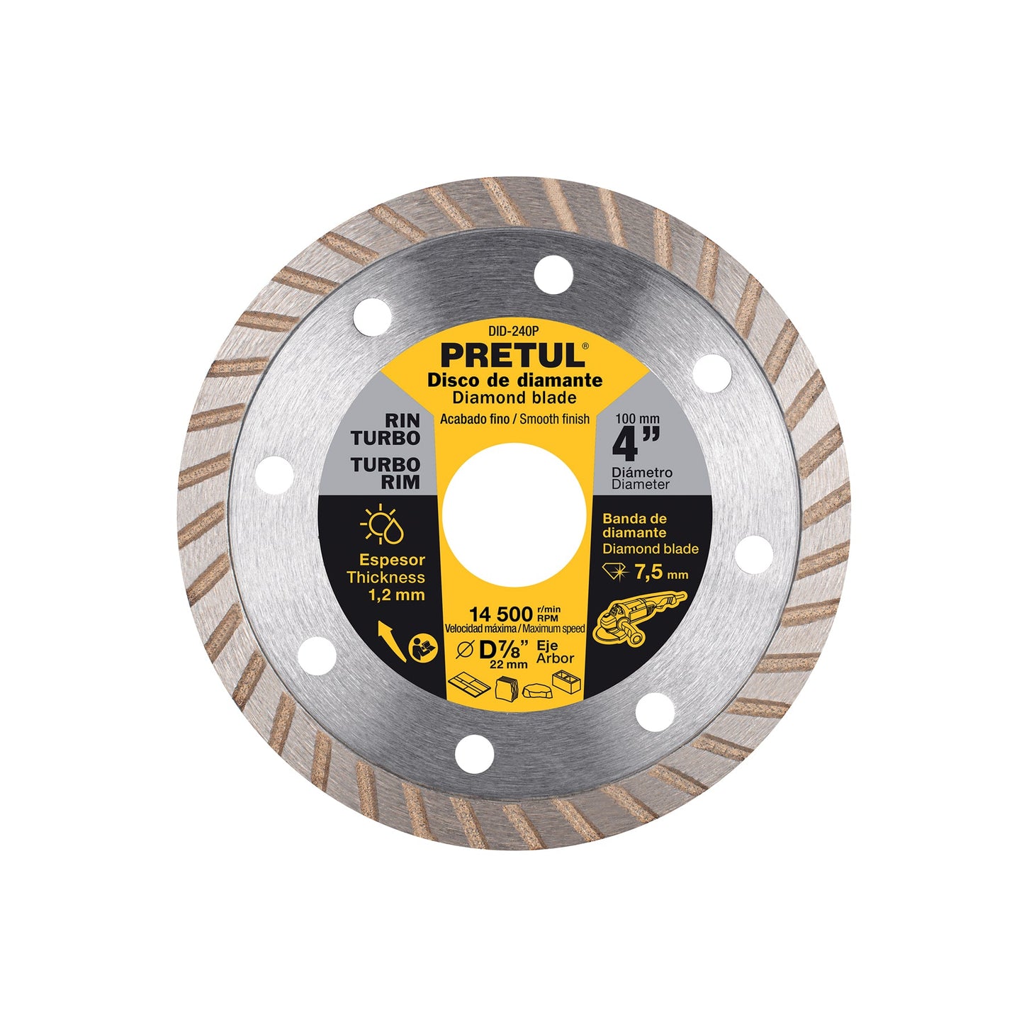 Disco de diamante de 4' x 1.2 mm, rin turbo, PRETUL | DID-240P | 27016