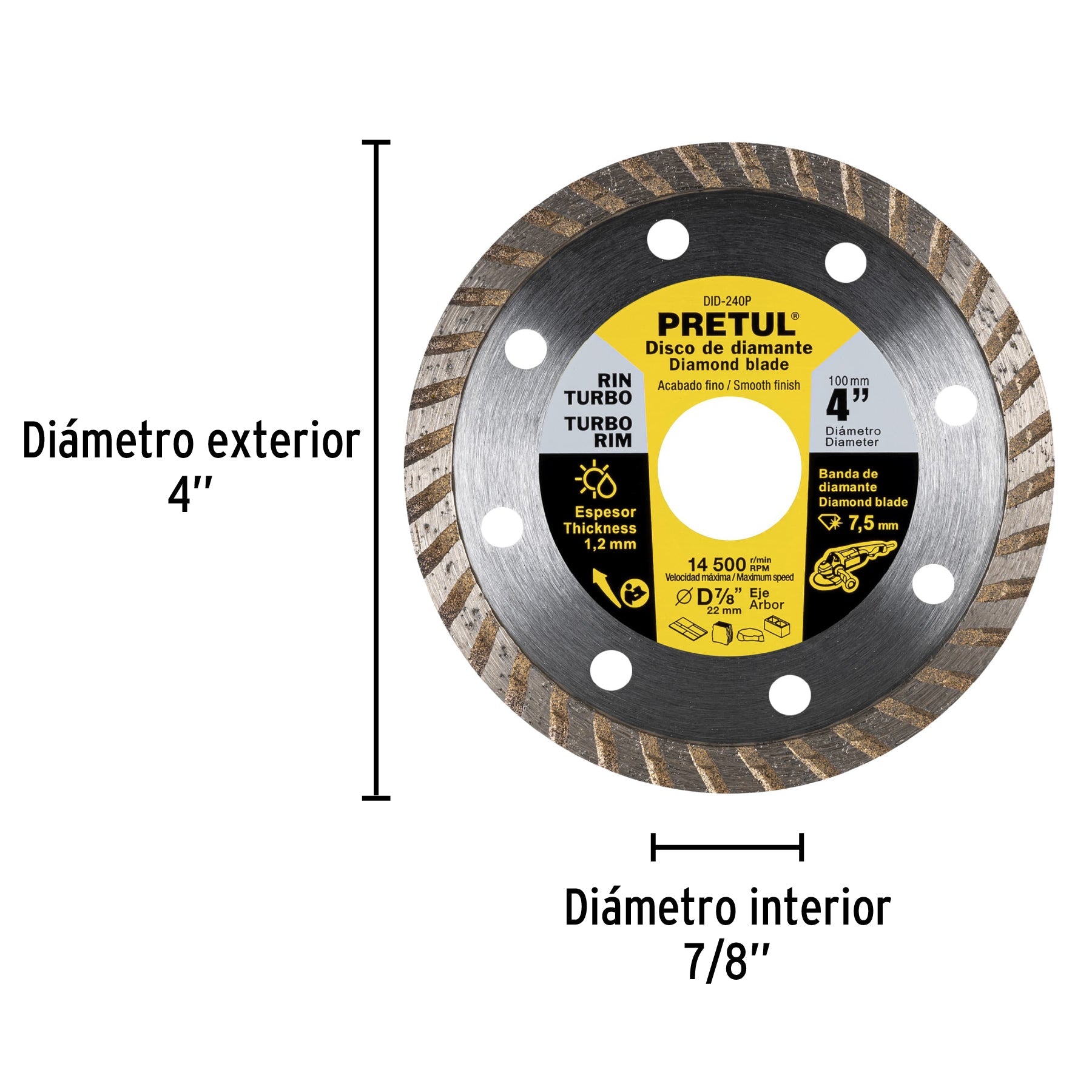 Disco de diamante de 4' x 1.2 mm, rin turbo, PRETUL | DID-240P | 27016