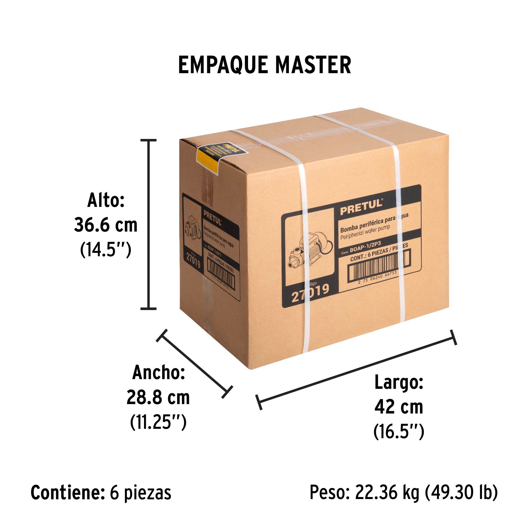 Bomba periférica 1/2HP, altura máx 20m, uso agrícola, PRETUL | BOAP-1/2P3 | 27019