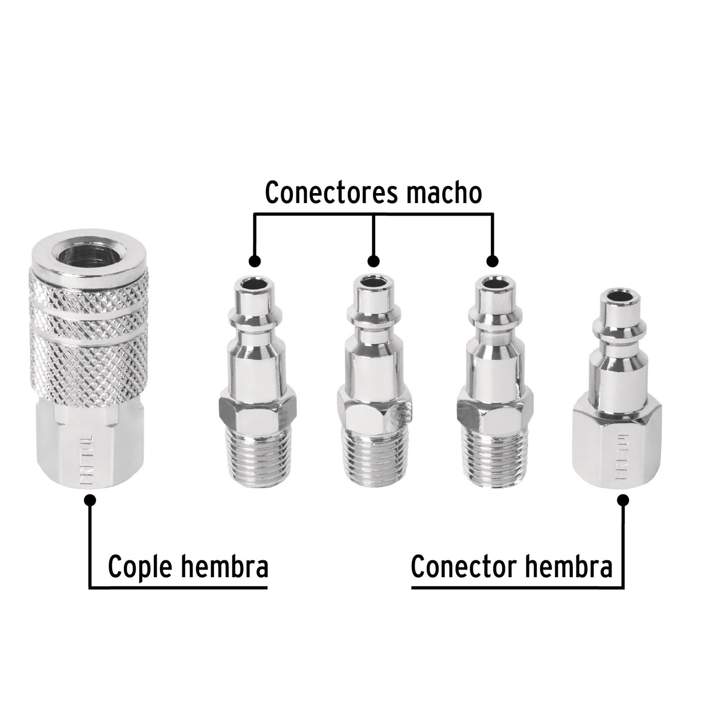 Juego de 4 conectores rápidos y 1 cople, de acero, PRETUL | CORAL-5P | 27021