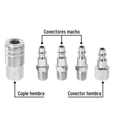Juego de 4 conectores rápidos y 1 cople, de acero, PRETUL | CORAL-5P | 27021