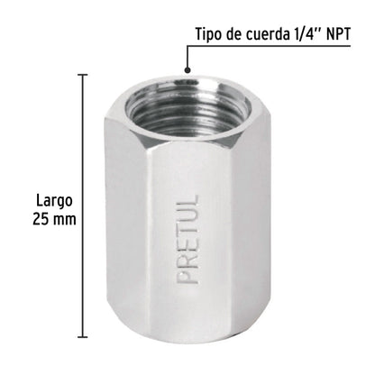 Cople de acero, hembra-hembra, cuerda 1/4' NPT, PRETUL | COPLE-P | 27027
