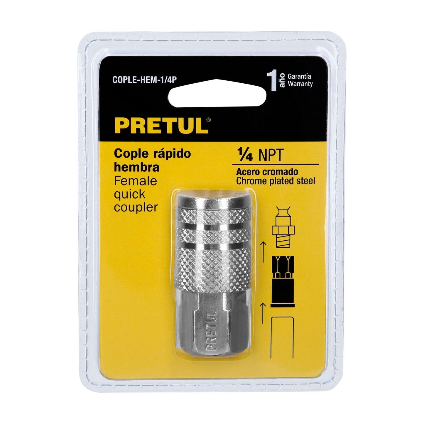 Cople rápido de acero, hembra, cuerda 1/4' NPT, PRETUL | COPLE-HEM-1/4P | 27028