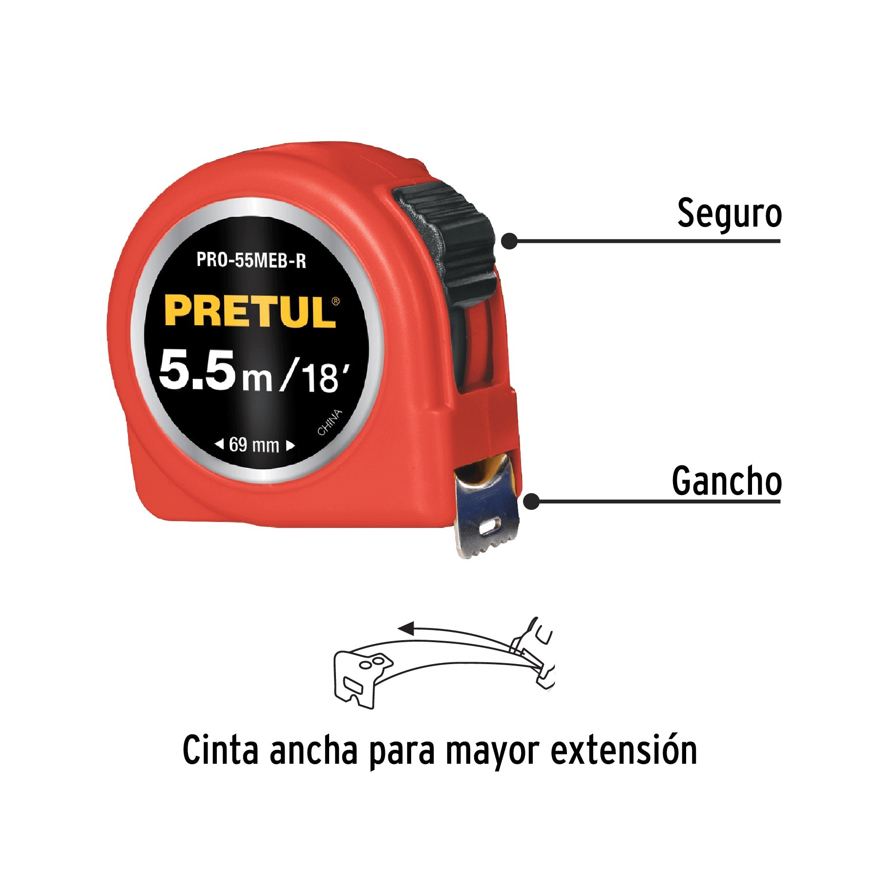 Flexómetro rojo 5.5 m cinta 25 mm, en tarjeta, PRETUL | PRO-55MEB-R | 28024