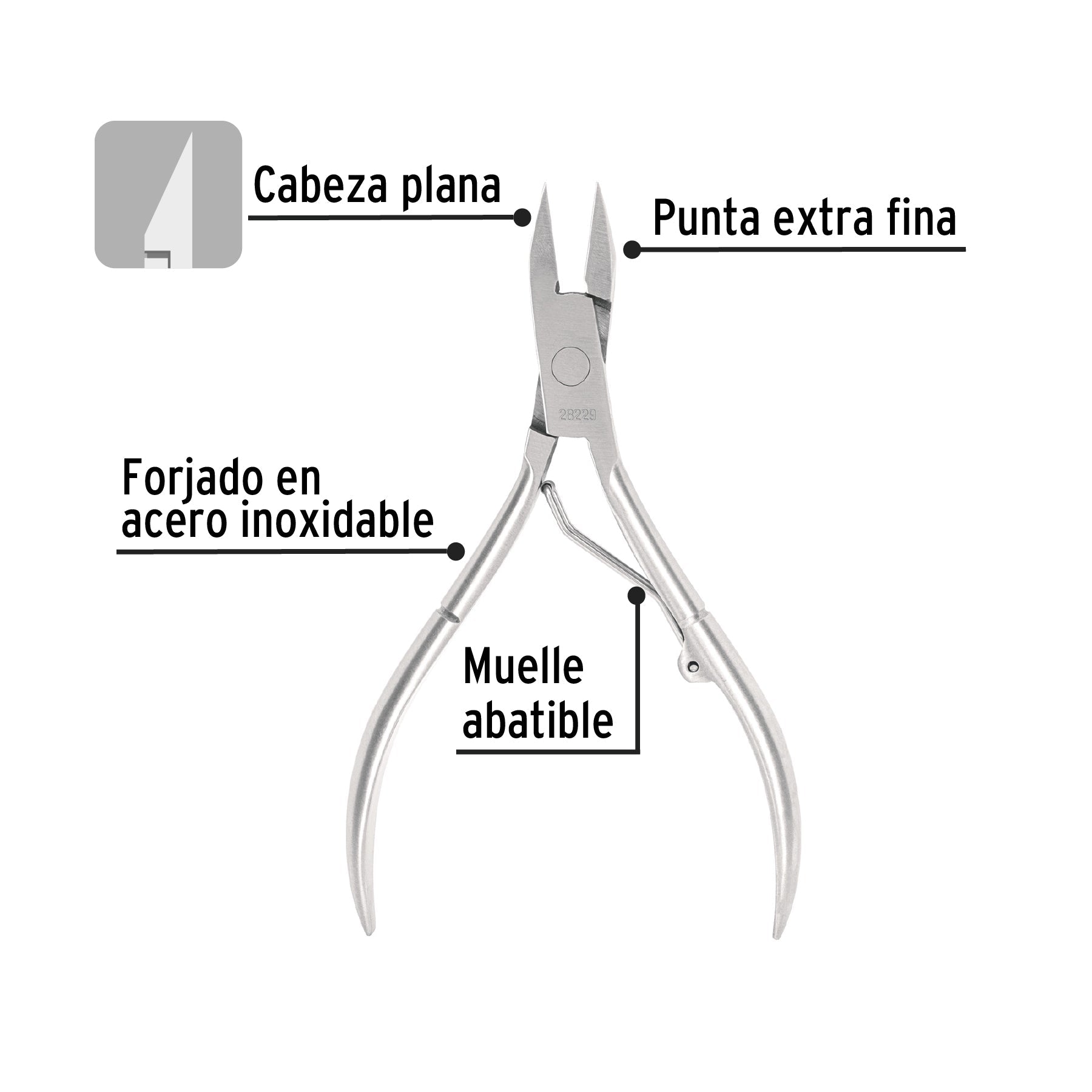 Alicate para pedicure 5' cabeza plana punta extrafina,PRETUL | UNA-350P | 28229