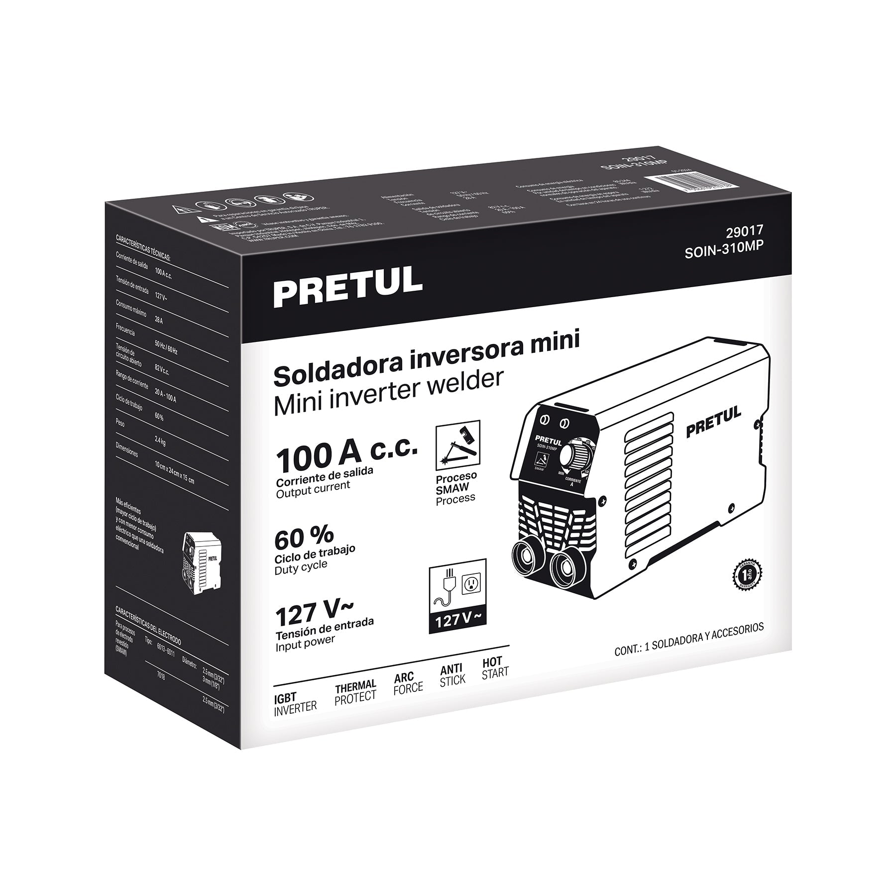 Mini soldadora inversora 100A, 127V, Serie 300, PRETUL | SOIN-310MP | 29017