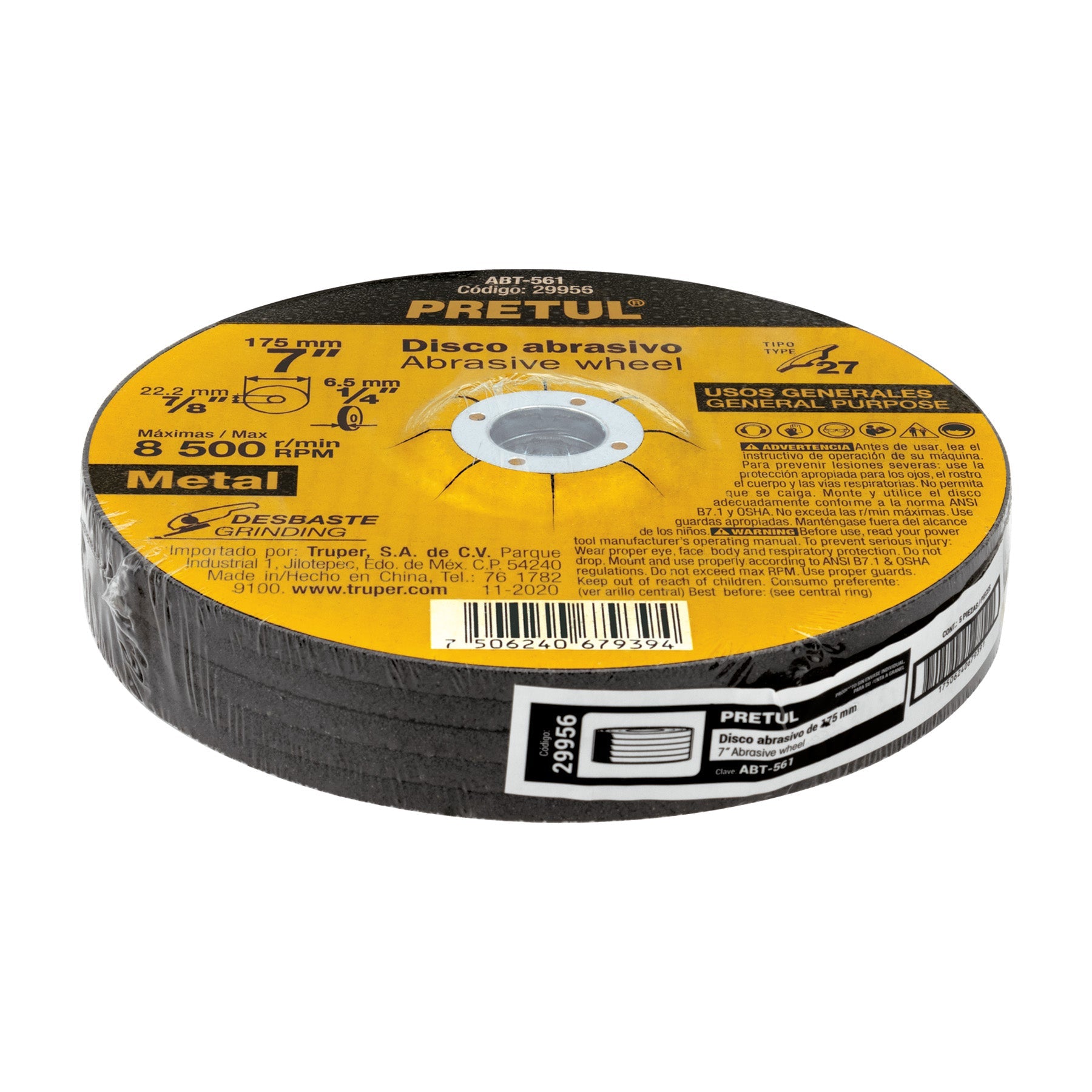 Disco Tipo 27 de 7' x 6.2 mm desbaste de metal, Pretul | ABT-561 | 29956