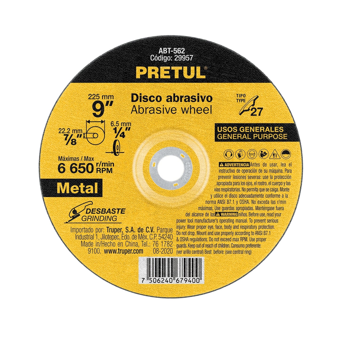 Disco Tipo 27 de 9' x 6.2 mm desbaste de metal, Pretul | ABT-562 | 29957